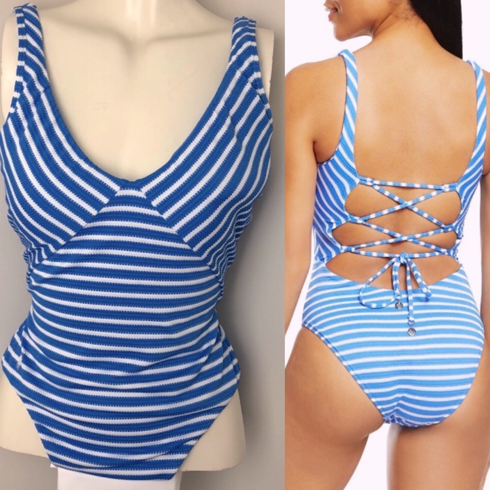 Ralph Lauren Blue Mitered Mio Stripe Lace Back One-Piece Swimwear Size S